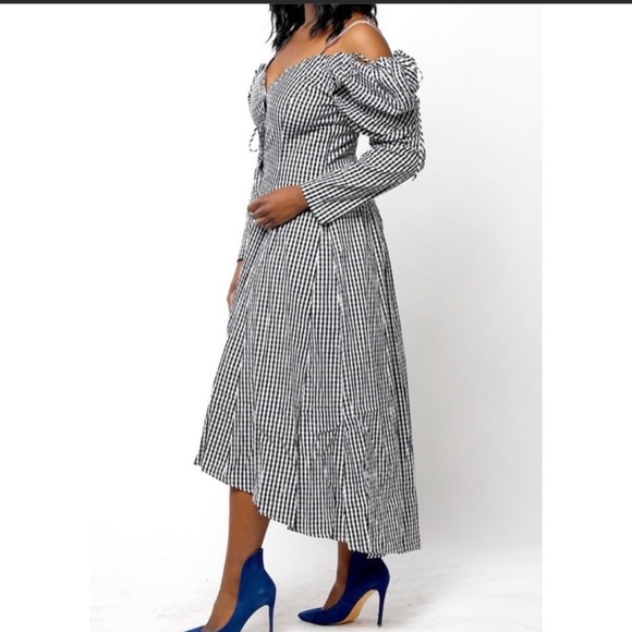 Checkered Off Shoulder Puff Sleeve Black and White High Low Dress - Picture 3 of 3